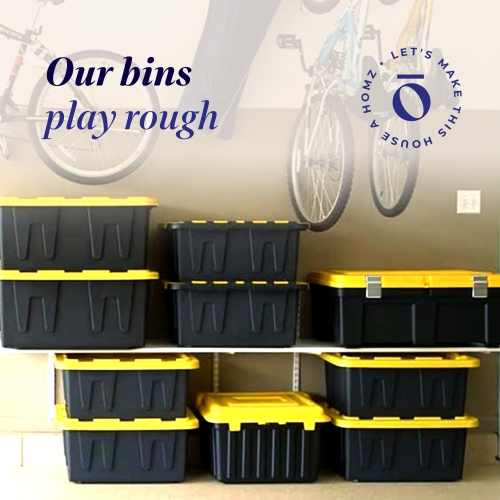 HOMZ Durabilt 27-Gallon Storage Tote with Flip Lid, Heavy Duty Storage Bin with Snap-on Lid, Black and Yellow, 2 Pack