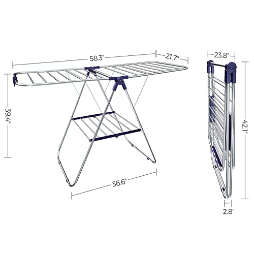 Séchoir à linge SONGMICS, support à linge, Airer d'intérieur autonome, 21,7 x 58,3 x 39,4 po, ULL argenté et bleu.