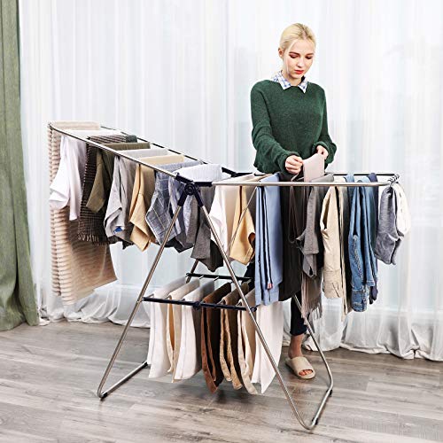 Séchoir à linge SONGMICS, support à linge, Airer d'intérieur autonome, 21,7 x 58,3 x 39,4 po, ULL argenté et bleu.
