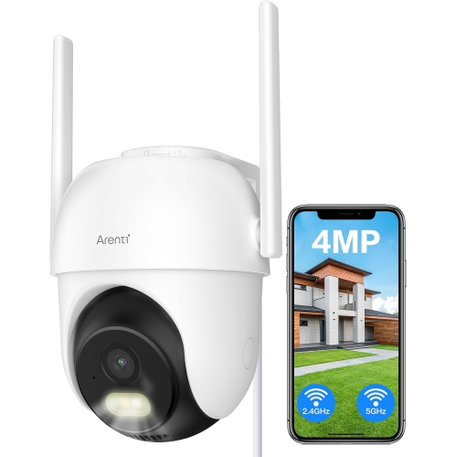 ARENTI  Outdoor Security Camera, 4Mp Home Surveillance Wifi Camera, Plug-In, Pan/tilt, 2.4G/5Ghz Dual Bands, Color Night Vision, Sound/light Alarm
