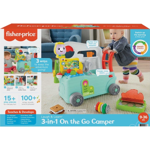 Fisher-Price Laugh & Learn 3-in-1 On-the-Go Camper - English & French Edition, musical push-along walker and activity ..