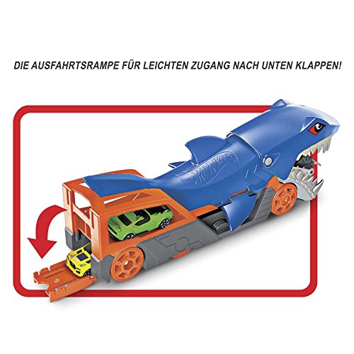 Hot Wheels Toy Car Shark Chomp Transporter & 1:64 Scale Car, Connects to Hot Wheels Track & Stores 5 Scale Vehicles