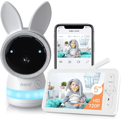 ARENTI Nanny Camera, Baby Monitor 5" Display, 2K Ultra HD, WiFi, Night Vision, Lullabies, Cry Detection, Motion Detection, Temp & Humidity Sensor, Tw