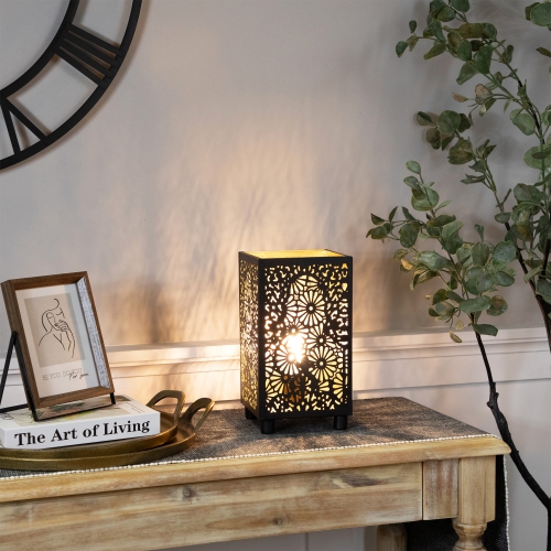 Floral Laser-Cut Iron Table Lamp - 11" - Black and Gold