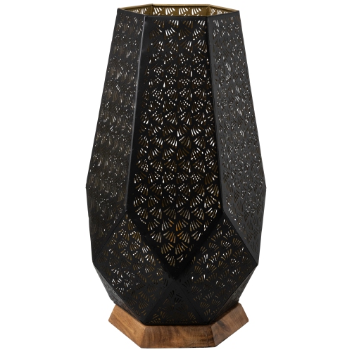 Laser-Cut Leaf Pattern Iron Table Lamp with Wood Base - 17" - Black and Gold