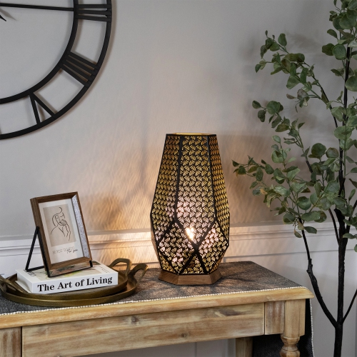 Laser-Cut Leaf Pattern Iron Table Lamp with Wood Base - 17" - Black and Gold