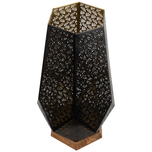 Laser-Cut Leaf Pattern Iron Table Lamp with Wood Base - 17" - Black and Gold