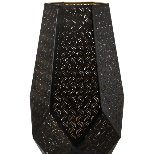 Laser-Cut Leaf Pattern Iron Table Lamp with Wood Base - 17" - Black and Gold