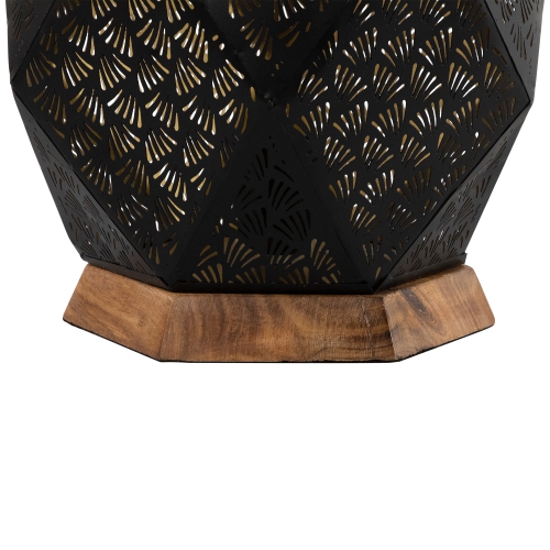Laser-Cut Leaf Pattern Iron Table Lamp with Wood Base - 17" - Black and Gold