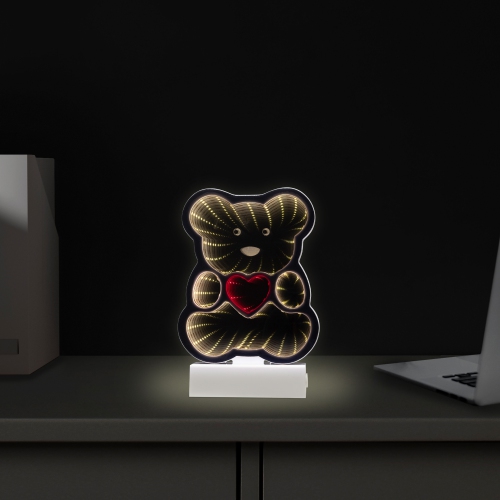 LED Lighted 3D Teddy Bear with Heart Infinity Mirror - 8"