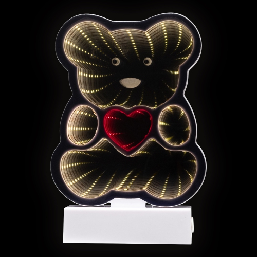 LED Lighted 3D Teddy Bear with Heart Infinity Mirror - 8"