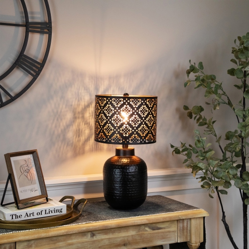 Round Iron Table Lamp with Laser-Cut Floral Shade - 19" - Black and Copper