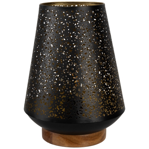 Floral Laser-Cut Table Iron Lamp With Wooden Base - 10.75" - Black
