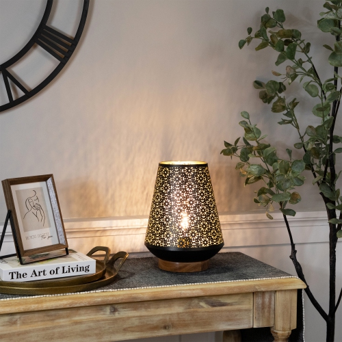 Floral Laser-Cut Table Iron Lamp With Wooden Base - 10.75" - Black