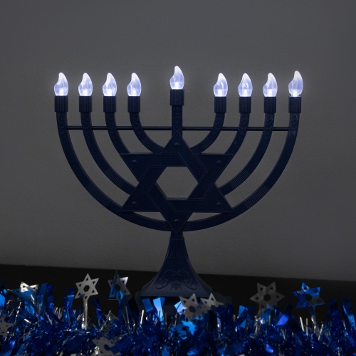 NORTHLIGHT  Battery Operated Led Lighted Star Of David Hanukkah Menorah - 11.75" - In Blue