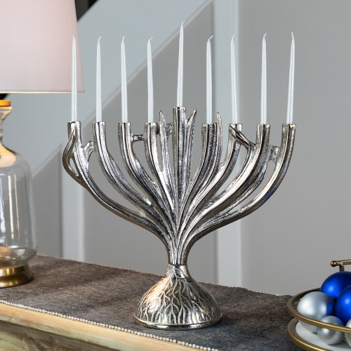 Textured Tree Branch Textured Metal Hanukkah Menorah - 15.5" - Nickle Silver