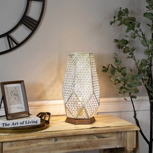 Laser-Cut Iron Table Lamp With Wooden Base - 16.75" - Gold and Brushed White