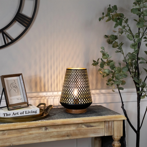 Laser-Cut Diamond Pattern Iron Table Lamp with Wood Base - 11" - Black and Gold