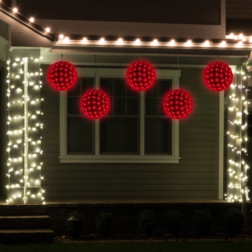 LED Lighted Hanging Starlight Floral Sphere Outdoor Christmas Decoration- 7.5" - Red
