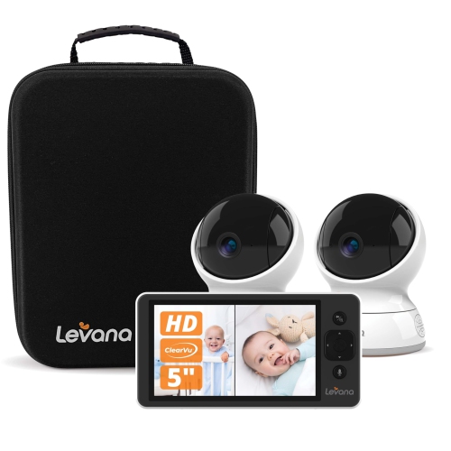 Levana Ella Video Baby Monitor No WIFI, 2 720P HD PTZ Cameras & 5” 720P HD Monitor, 22 Hours Battery Life, Up to 1000ft. Range, Premium Carrying