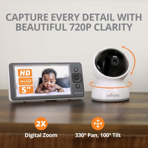 Levana Ella Video Baby Monitor No WIFI, 2 720P HD PTZ Cameras & 5” 720P HD Monitor, 22 Hours Battery Life, Up to 1000ft. Range, Premium Carrying