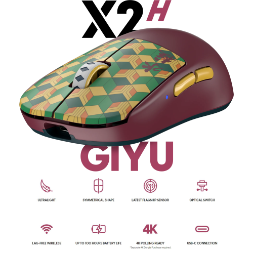Pulsar X2H Demon Slayer Wireless Gaming Mouse - Ultra-Lightweight 55g, PAW3395 26K DPI Sensor, Optical Switches, Symmetrical Design High Hump,