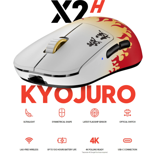 Pulsar X2H Demon Slayer Wireless Gaming Mouse - Ultra-Lightweight 55g, PAW3395 26K DPI Sensor, Optical Switches, Symmetrical Design High Hump,