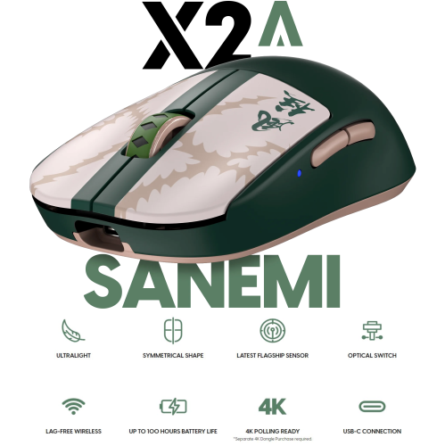 Pulsar X2A Demon Slayer Wireless Gaming Mouse - Ultra-Lightweight 58g, PAW3395 26K DPI Sensor, Optical Switches, Ambidextrous, Lag-Free 2.4GHz