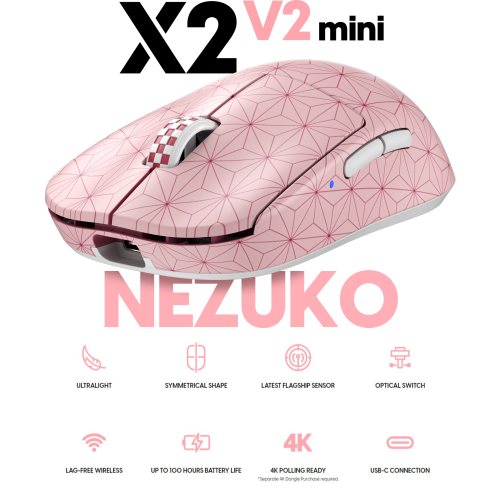 Pulsar X2 V2 Mini Demon Slayer Wireless Gaming Mouse Ultra-Lightweight 52g PAW3395 26K DPI Sensor Optical Switches Symmetrical Design, Lag-Free