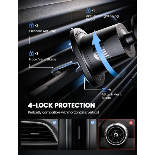 Car Vent Phone Mount, 2024 Wider Clamp & Metal Hook Air Vent Cell Phone Holder Cradle,360 Adjustable Mobile Stand Cellphone Vent Clip for for iPhone