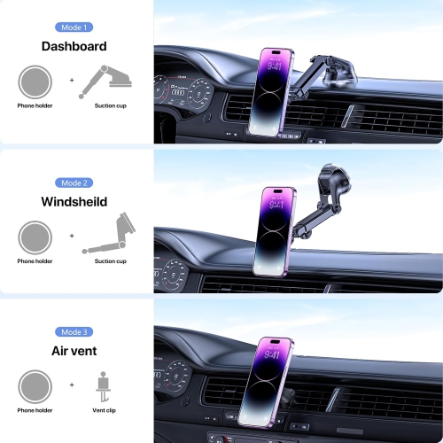 Car Phone Mount,Cell Phone Holder for all Mobile Phones,Long Arm Universal Phone Holder For Car Dashboard Windshield Vent, Suction Mount& Vent Model