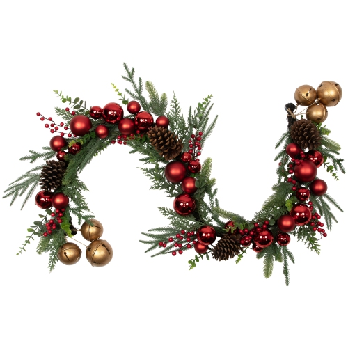 Mixed Foliage with Jingle Bells and Ornaments Artificial Christmas Garland - 6' x 8" - Unlit