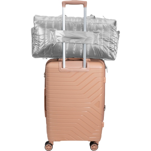 Joan & David 22 Inch Metallic Puffer Tubular Quilted Nylon Weekender Duffle Bag - Chrome