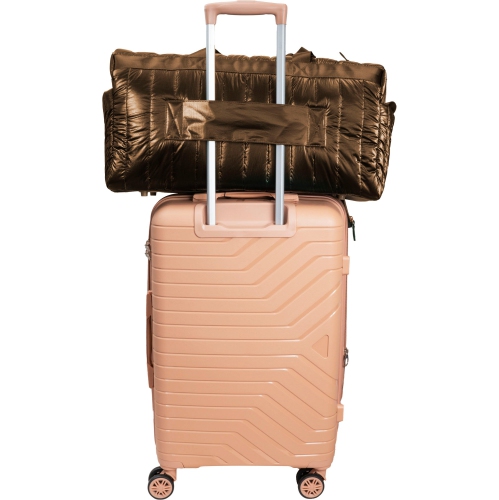 Joan & David 22 Inch Metallic Puffer Tubular Quilted Nylon Weekender Duffle Bag - Metallic Chocolate