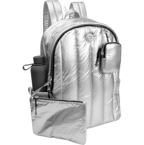 Joan & David 18 Inch Tubular Quilted Metallic Nylon Travel Workbook Backpack - Chrome