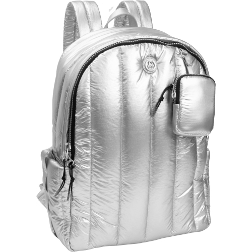 Joan & David 18 Inch Tubular Quilted Metallic Nylon Travel Workbook Backpack - Chrome