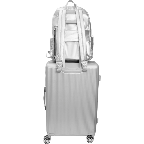 Joan & David 18 Inch Tubular Quilted Metallic Nylon Travel Workbook Backpack - Chrome