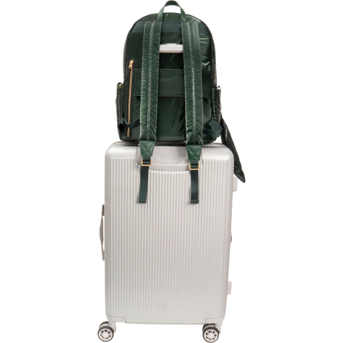 Joan & David 18 Inch Tubular Quilted Metallic Nylon Travel Workbook Backpack - Emerald