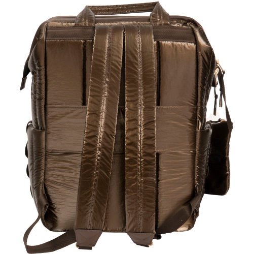 Joan & David 18 Inch Tubular Quilted Metallic Nylon Workbook Backpack - Metallic Chocolate