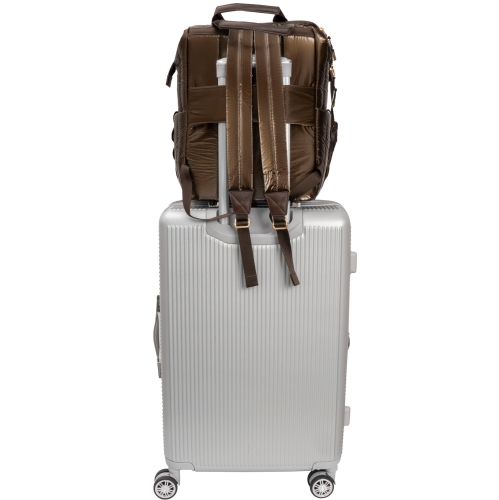 Joan & David 18 Inch Tubular Quilted Metallic Nylon Workbook Backpack - Metallic Chocolate