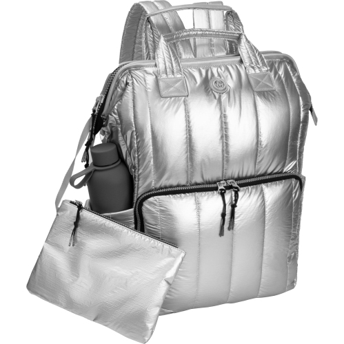 Joan & David 18 Inch Tubular Quilted Metallic Nylon Workbook Backpack - Chrome