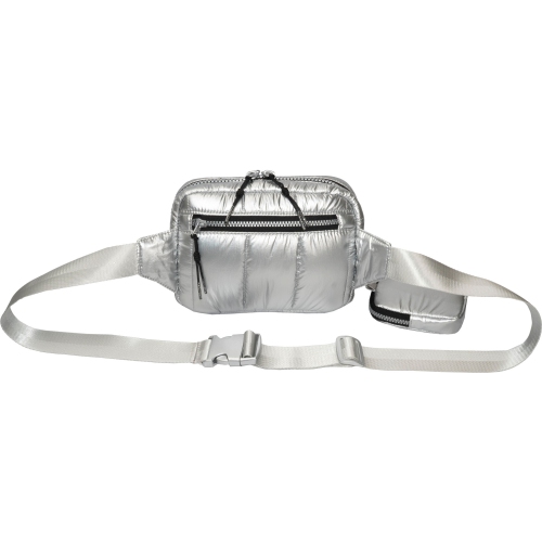 Joan & David 9 Inch Metallic Puffer Tubular Quilted Nylon Sling Pouch - Chrome