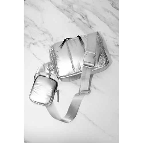 Joan & David 9 Inch Metallic Puffer Tubular Quilted Nylon Sling Pouch - Chrome