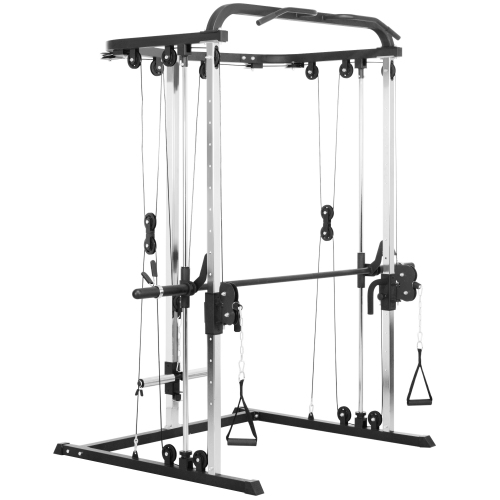 Soozier 3 In 1 Smith Machine, Multi-Functional Power Cage with Cable Crossover System, Pull up Station, 16-Level Squat Rack and Barbell Bar, Home Gym