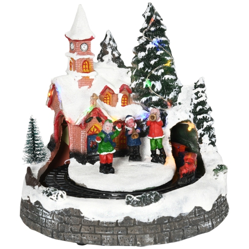HOMCOM Animated Christmas Village Decoration, Pre-Lit Musical Christmas Village Houses with LED Lights, Rotating Train, 2 Musicians and 1 Commander