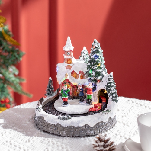HOMCOM Animated Christmas Village Decoration, Pre-Lit Musical Christmas Village Houses with LED Lights, Rotating Train, 2 Musicians and 1 Commander