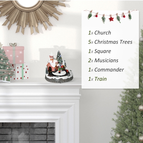 HOMCOM Animated Christmas Village Decoration, Pre-Lit Musical Christmas Village Houses with LED Lights, Rotating Train, 2 Musicians and 1 Commander