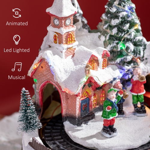 HOMCOM Animated Christmas Village Decoration, Pre-Lit Musical Christmas Village Houses with LED Lights, Rotating Train, 2 Musicians and 1 Commander