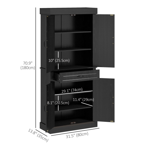 HOMCOM 71" Tall Kitchen Pantry Cabinet, Freestanding Kitchen Buffet Cabinet with Doors and Shelves, Distressed Black