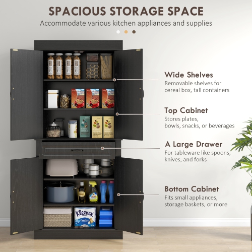 HOMCOM 71" Tall Kitchen Pantry Cabinet, Freestanding Kitchen Buffet Cabinet with Doors and Shelves, Distressed Black